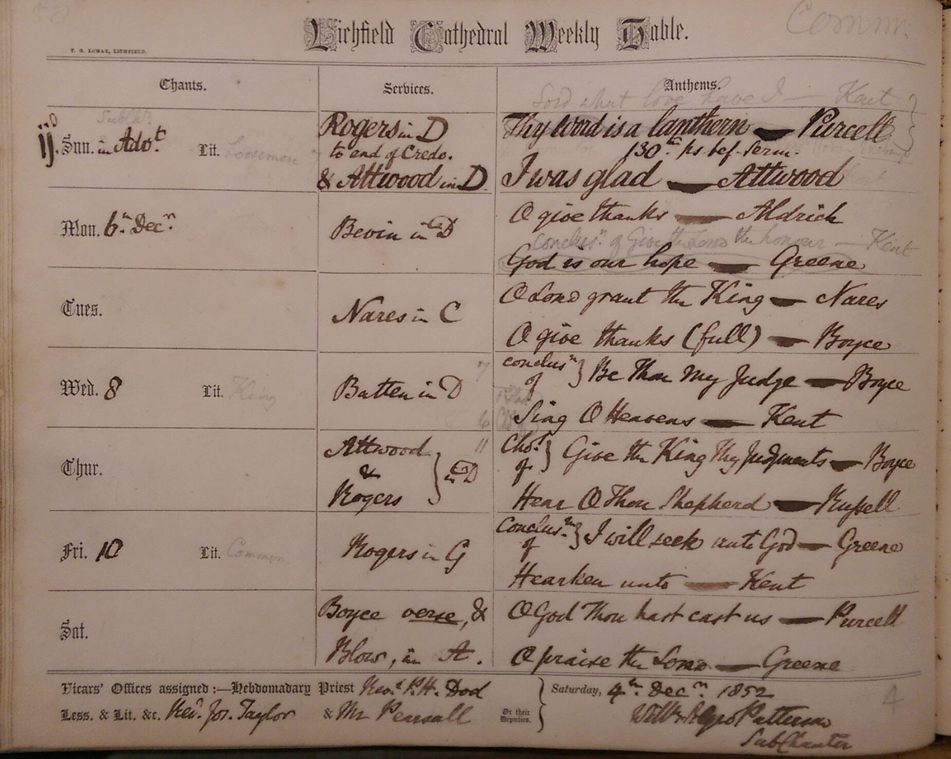 Services at Lichfield Cathedral for the week beginning 05 December 1852