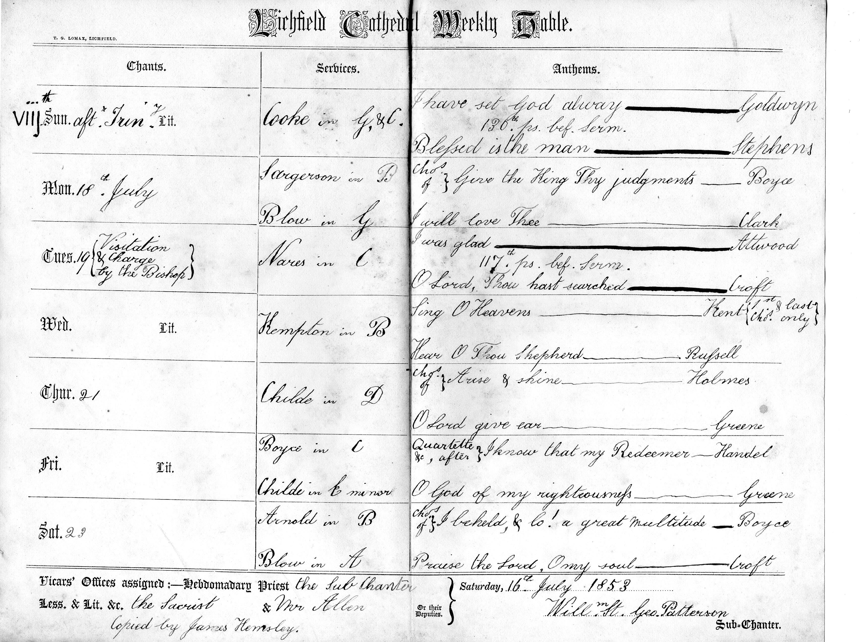 Services at Lichfield Cathedral for the week beginning 17 July 1853