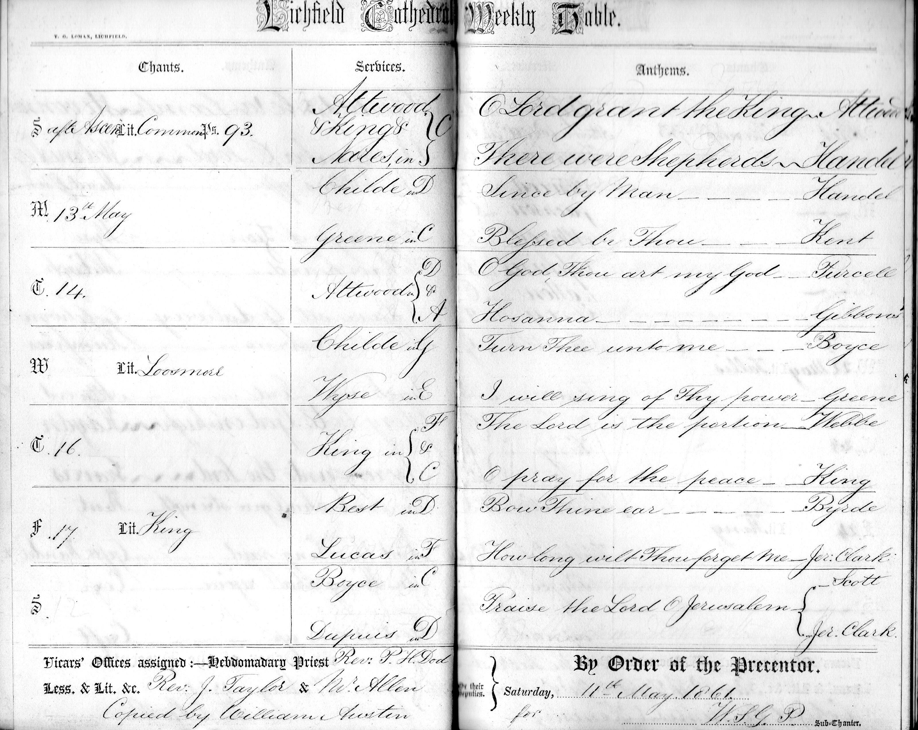Services at Lichfield Cathedral for the week beginning 12 May 1861