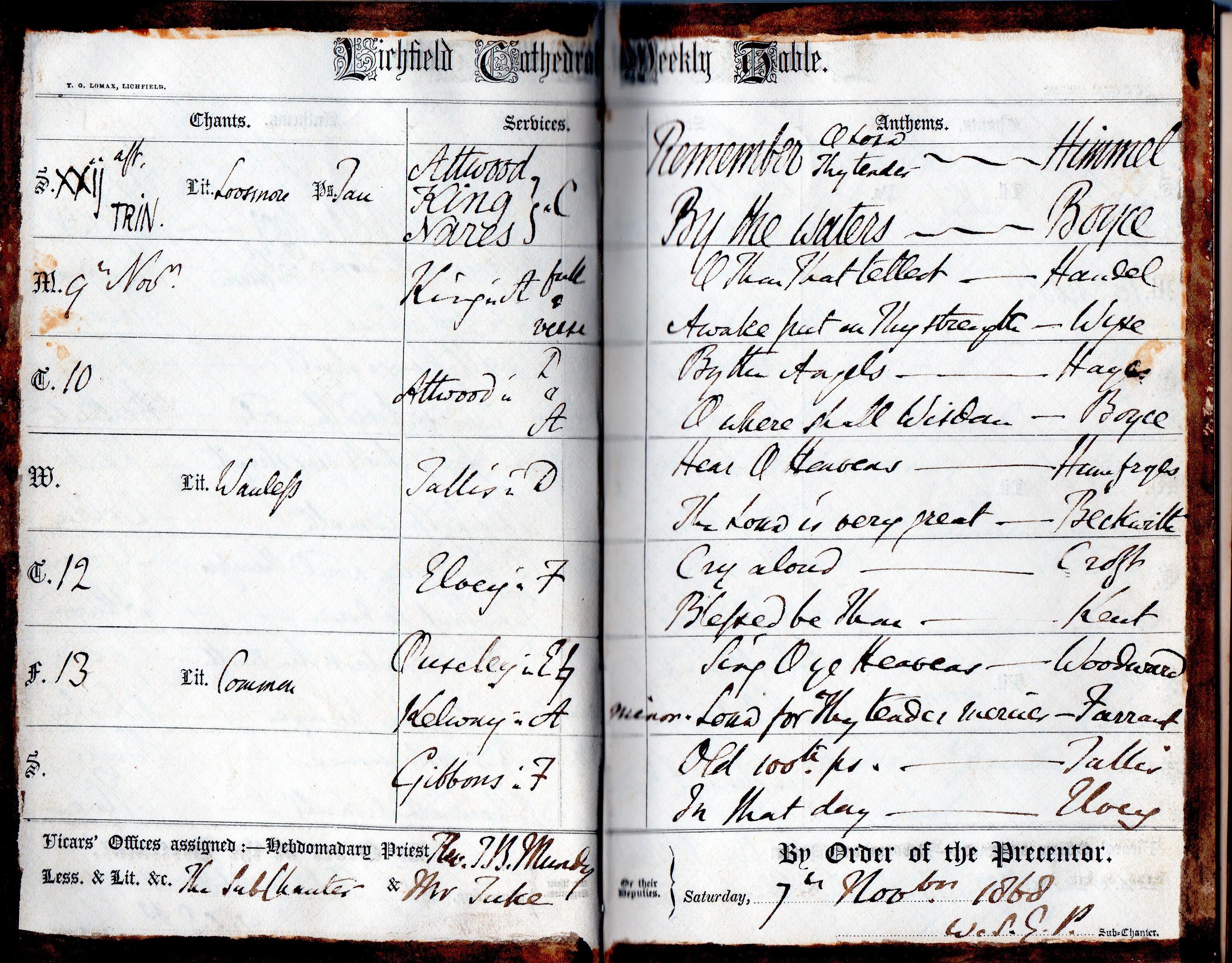 Services at Lichfield Cathedral for the week beginning 08 November 1868