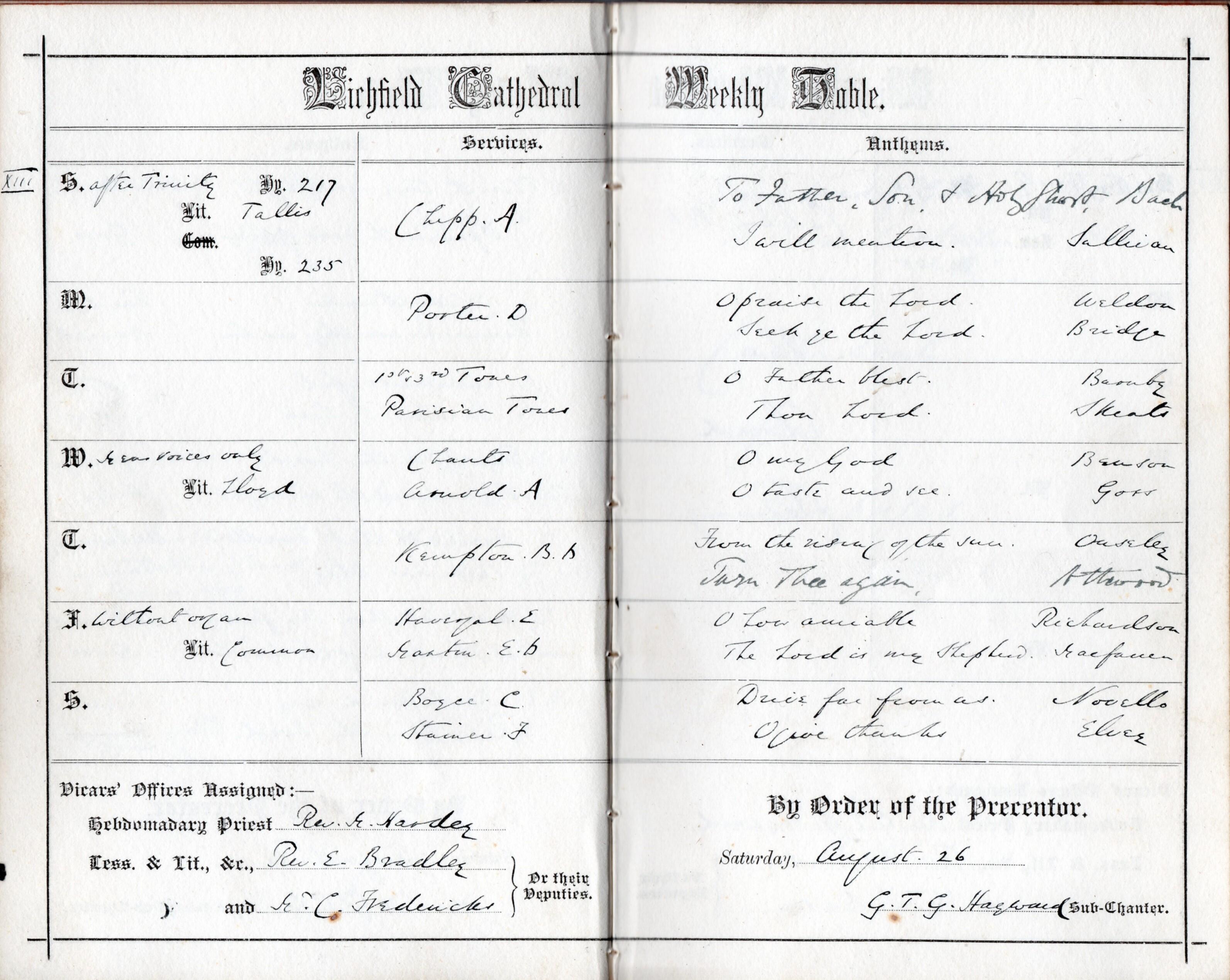 Services at Lichfield Cathedral for the week beginning 27 August 1893