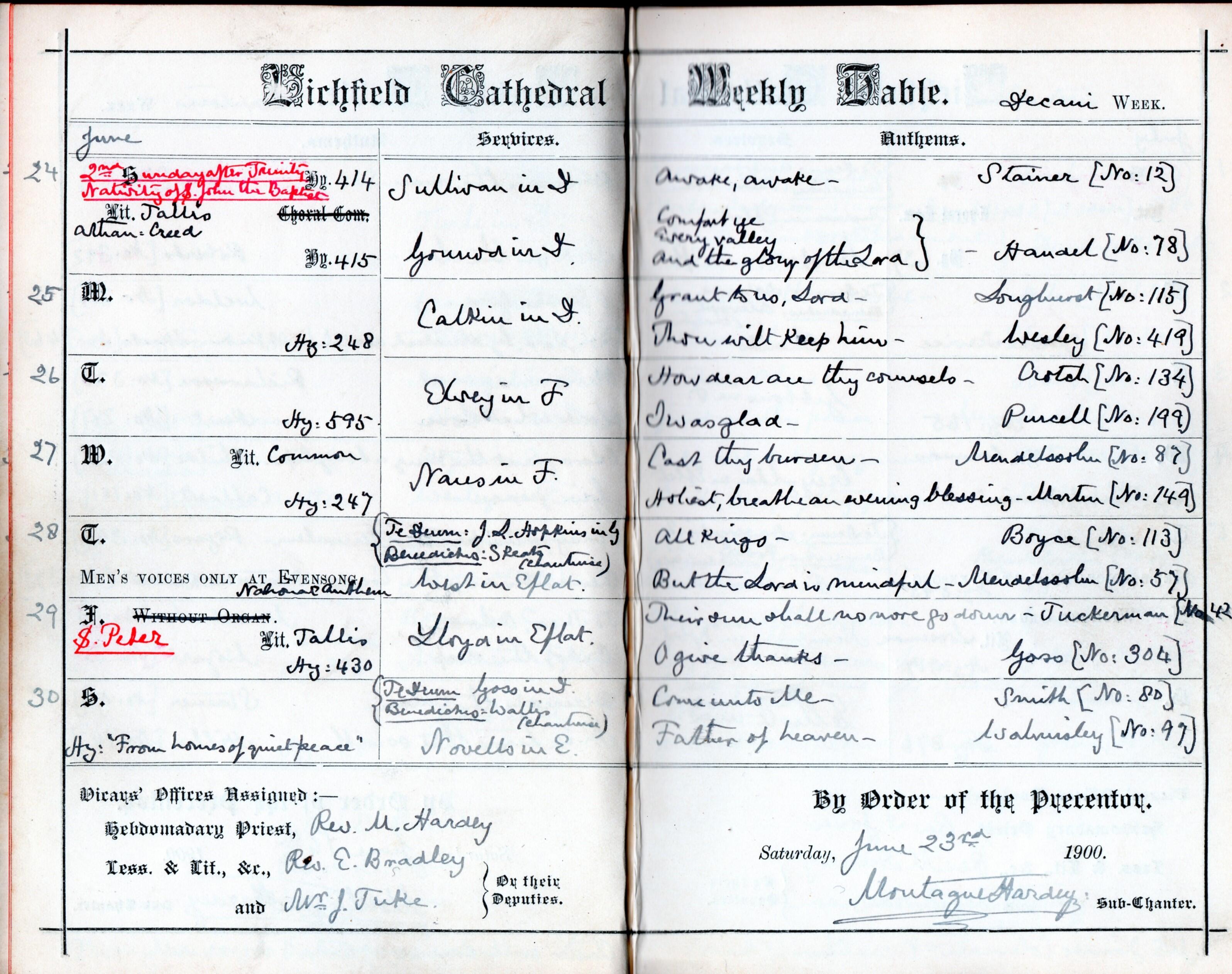 Services at Lichfield Cathedral for the week beginning 24 June 1900